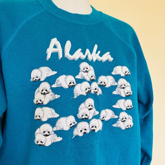 Alaska Baby Seal Sweatshirt Top Vintage 90s Puff Print Blue Made in USA - Picture 2 of 8